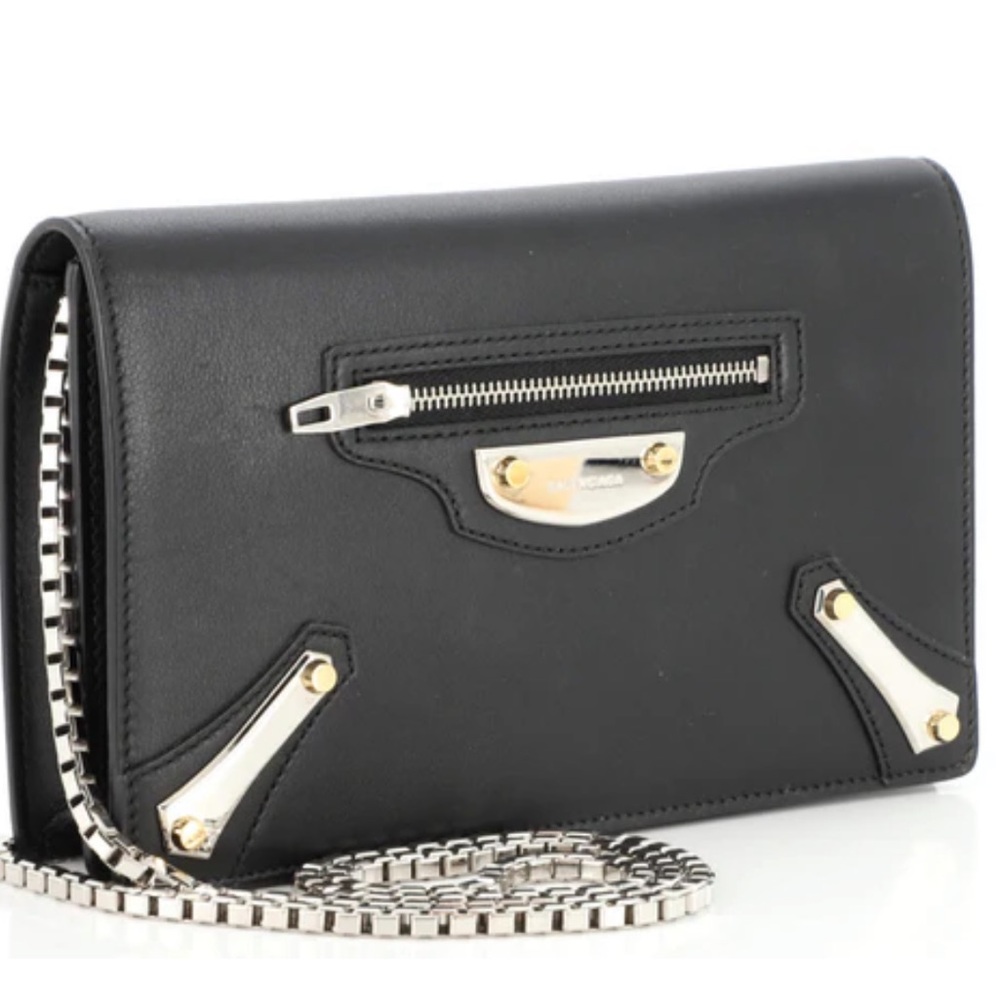 NWT BALENCIAGA Black Leather City Wallet Clutch Bag Sleek Silver Shoulder Chain